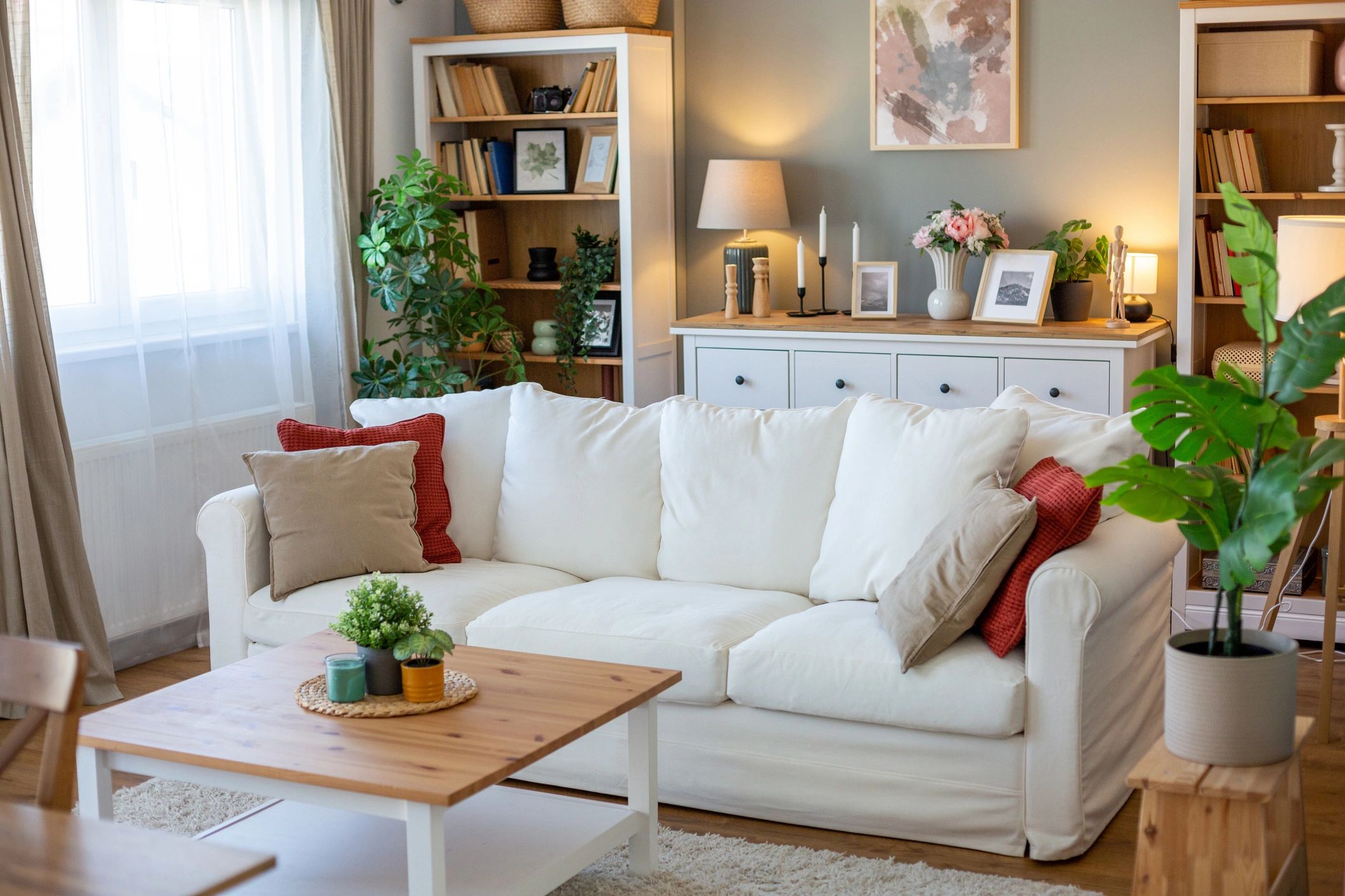 Clean residential living room with white sofa and tidy home interior